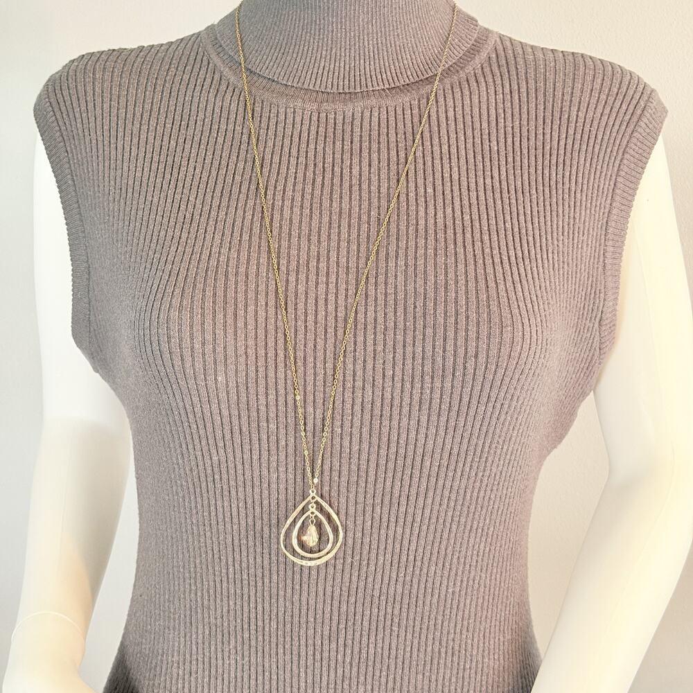 VTG 1980 Gold-Tone Cable Chain & Double Teardrop & Crystal Pendant Necklace 33"